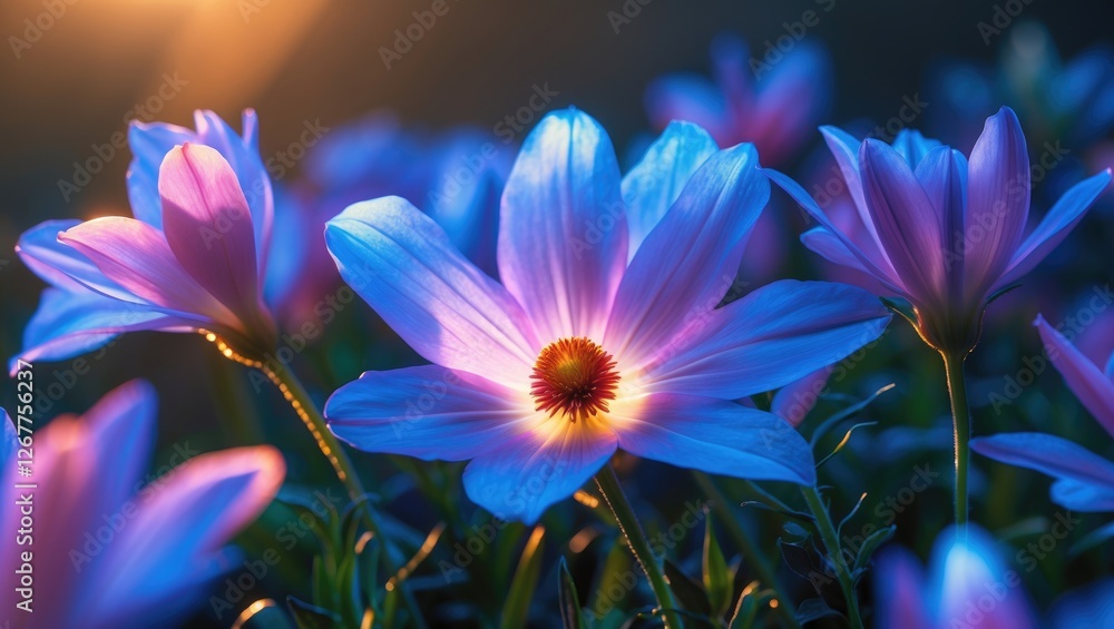 Obraz premium Vibrant close-up of blooming flowers with blue and pink petals illuminated by sunlight in a natural setting with soft bokeh background