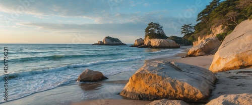 Coastal scenery with large rocks on sandy beach during sunset with gentle waves and distant trees in background Copy Space photo