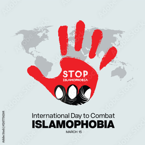 International Day to Combat Islamophobia design. It features a hand stop sign and women in hijab. Vector illustration.  photo