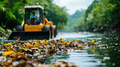 A yellow excavator removes debris and fallen leaves from a river, showcasing efforts to maintain clean waterways and protect aquatic ecosystems in a lush green environment.