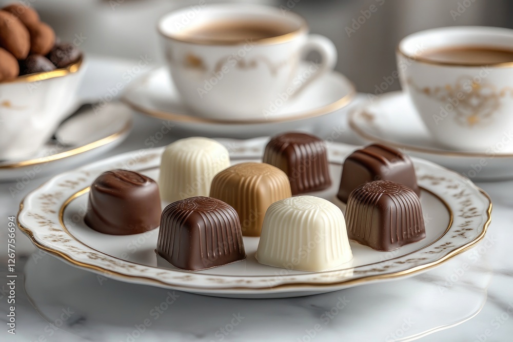 Assorted gourmet chocolates resting on elegant china plate, with coffee cups in background, inviting afternoon tea setting Assorted gourmet chocolates resting on elegant china plate, with coffee cups in background, inviting afternoon tea setting