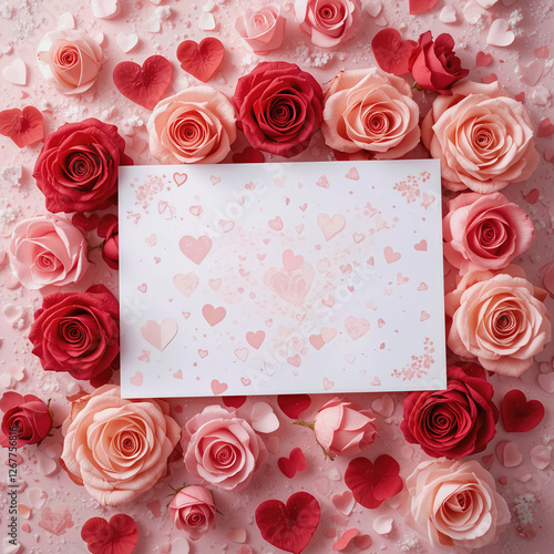 Paper card surrounded by rose flower, heart shape element on pink background shows romantic and sweet display