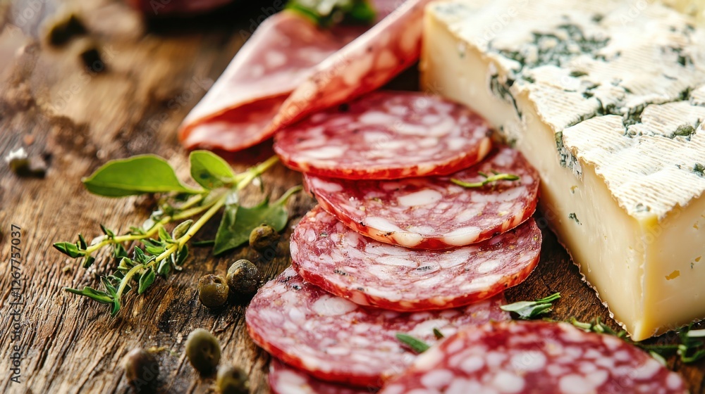 Obraz premium Gourmet Charcuterie Platter: Artisan Cheese, Cured Meats, and Refreshing Herbs for the Ultimate Appetizer Experience