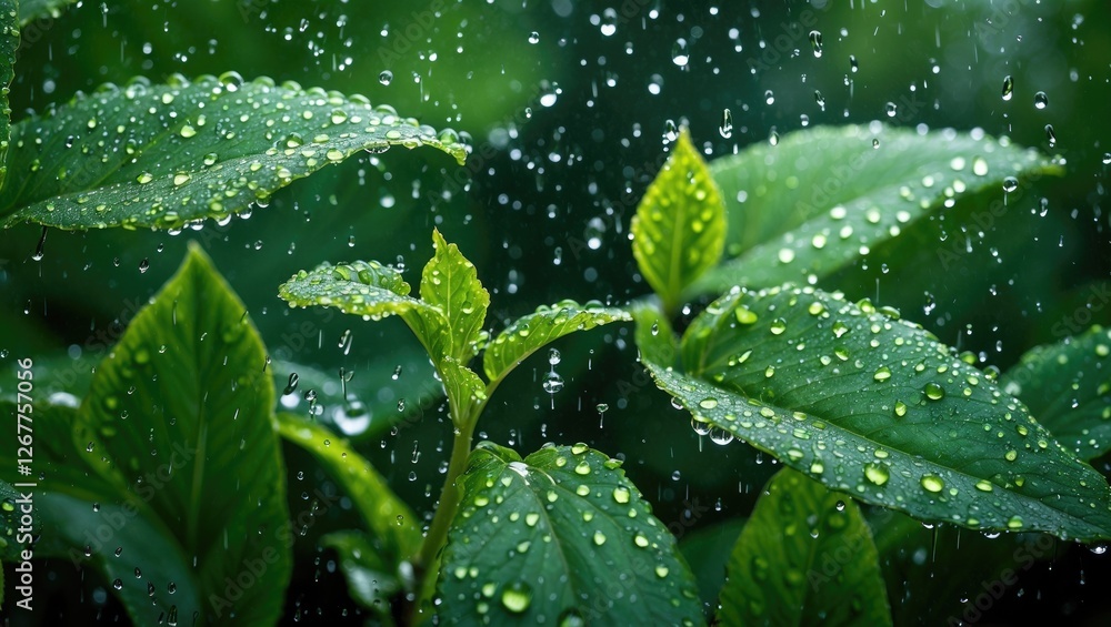 Close-up of green leaves with water droplets during rainfall, natural background with blurred greenery, Copy Space Close-up of green leaves with water droplets during rainfall, natural background with blurred greenery, Copy Space