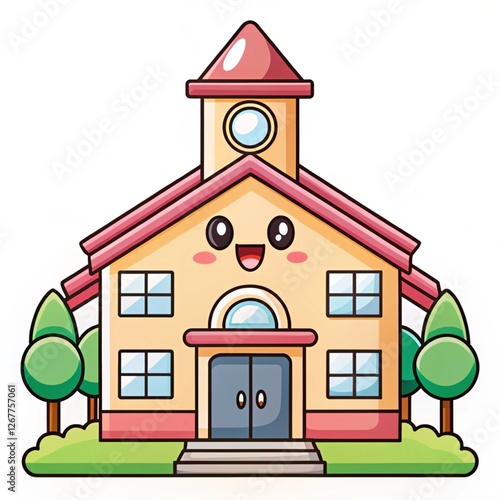 Happy school building illustration, education, cartoon, cheerful, learning