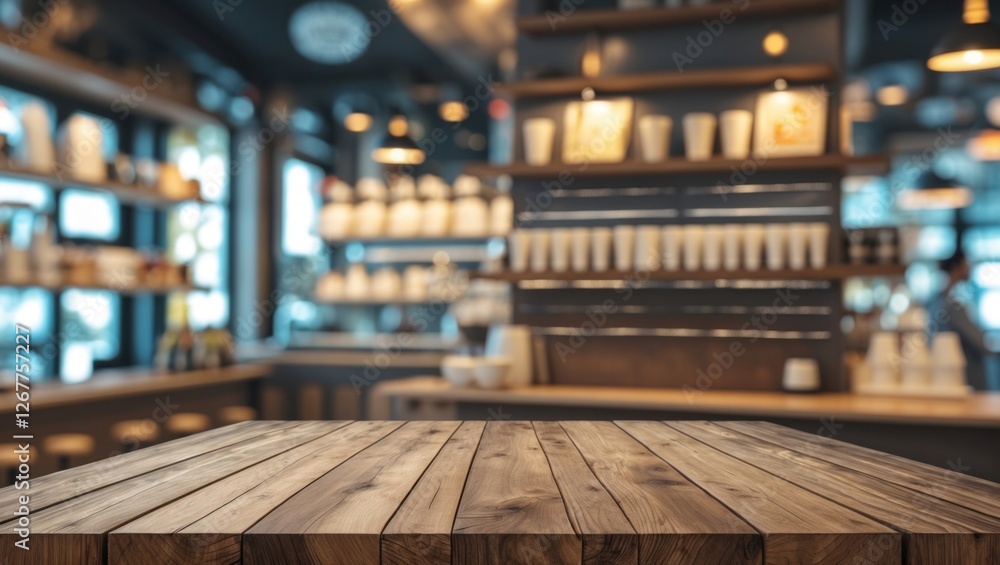 Wooden Table Surface in Front of a Blurred Coffee Shop Interior with Shelves and Decorative Lighting Copy Space Wooden Table Surface in Front of a Blurred Coffee Shop Interior with Shelves and Decorative Lighting Copy Space