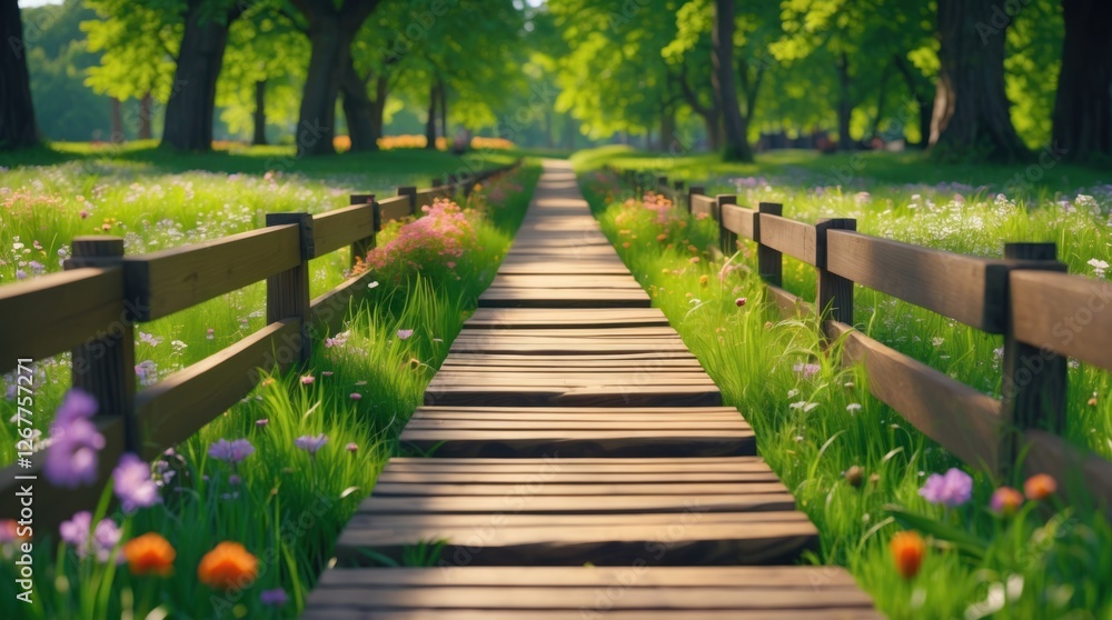 Wooden pathway through a lush green park surrounded by colorful flowers and trees in full bloom with ample Copy Space for text Wooden pathway through a lush green park surrounded by colorful flowers and trees in full bloom with ample Copy Space for text
