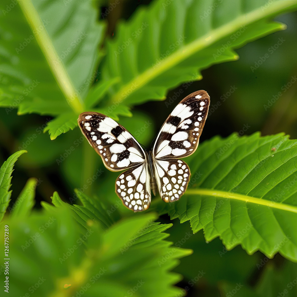 Butterfly with black and white wing take rest on green leaf, blurry green leaf, insect, animal, wildlife, nature, outdoor and show natural pattern on wing Butterfly with black and white wing take rest on green leaf, blurry green leaf, insect, animal, wildlife, nature, outdoor and show natural pattern on wing