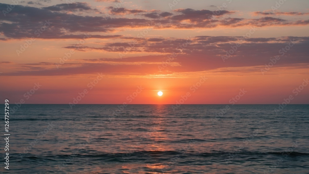 Dramatic sunset over calm ocean water with colorful sky and gentle waves reflecting light Copy Space Dramatic sunset over calm ocean water with colorful sky and gentle waves reflecting light Copy Space