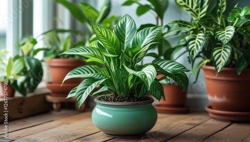 Wallpaper Mural Potted green plant with variegated leaves on wooden floor near window with light, various indoor plants in background, natural home decor, Copy Space Torontodigital.ca