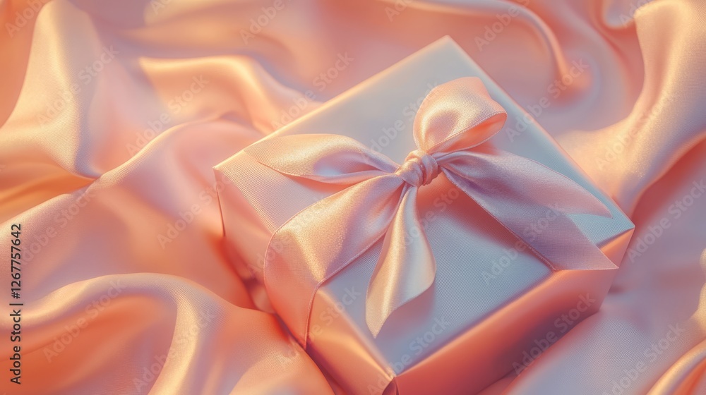 Elegant pink gift box wrapped in satin ribbon on silky fabric background Elegant pink gift box wrapped in satin ribbon on silky fabric background