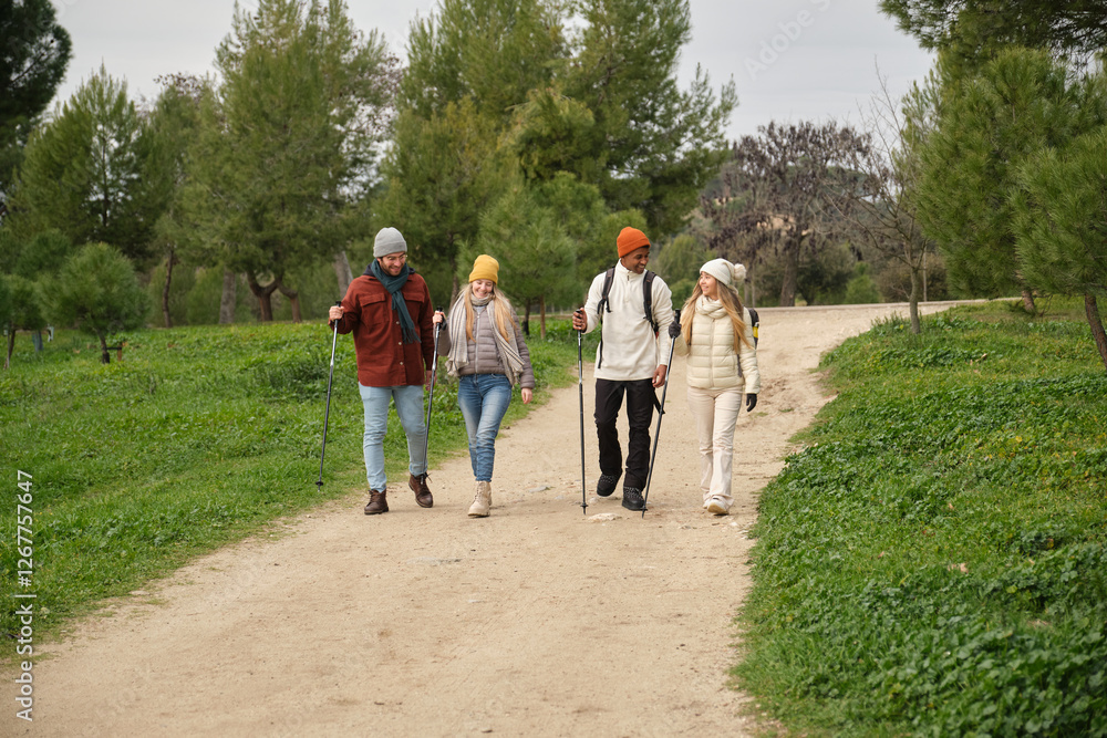 Four happy hikers are using trekking poles and walking on a path in a park during winter
