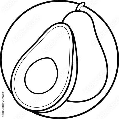 Ripe Avocado Half, Whole Fruit, Simple Line Drawing, Healthy Food