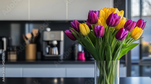Colorful bouquet of tulips in a modern kitchen setting creating a vibrant atmosphere