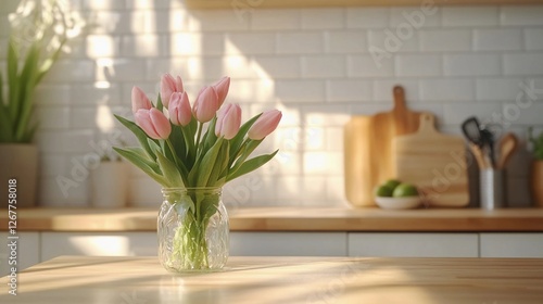 Beautiful pink tulips in a glass vase on a wooden kitchen table with sunlight streaming through a window