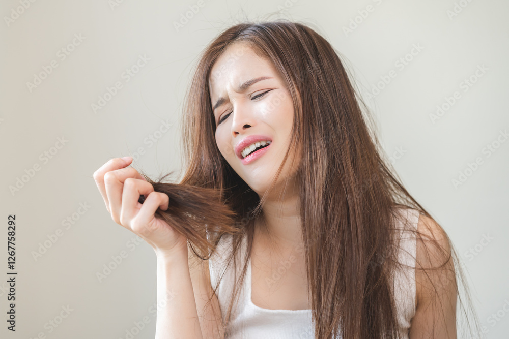 Damaged Hair, frustrated asian young woman, girl hand in holding splitting ends, messy unbrushed dry hair with face shock, long disheveled hair, health care of beauty. Portrait isolated on background. Damaged Hair, frustrated asian young woman, girl hand in holding splitting ends, messy unbrushed dry hair with face shock, long disheveled hair, health care of beauty. Portrait isolated on background.
