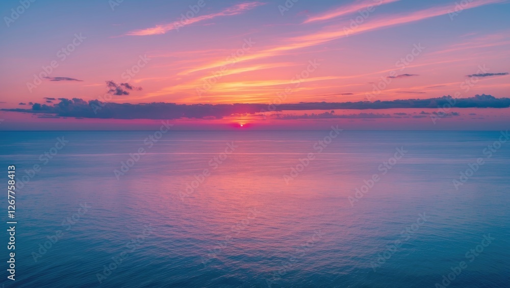 Colorful sunset over calm ocean water with clouds and reflective surface in a tranquil seascape landscape Copy Space Colorful sunset over calm ocean water with clouds and reflective surface in a tranquil seascape landscape Copy Space