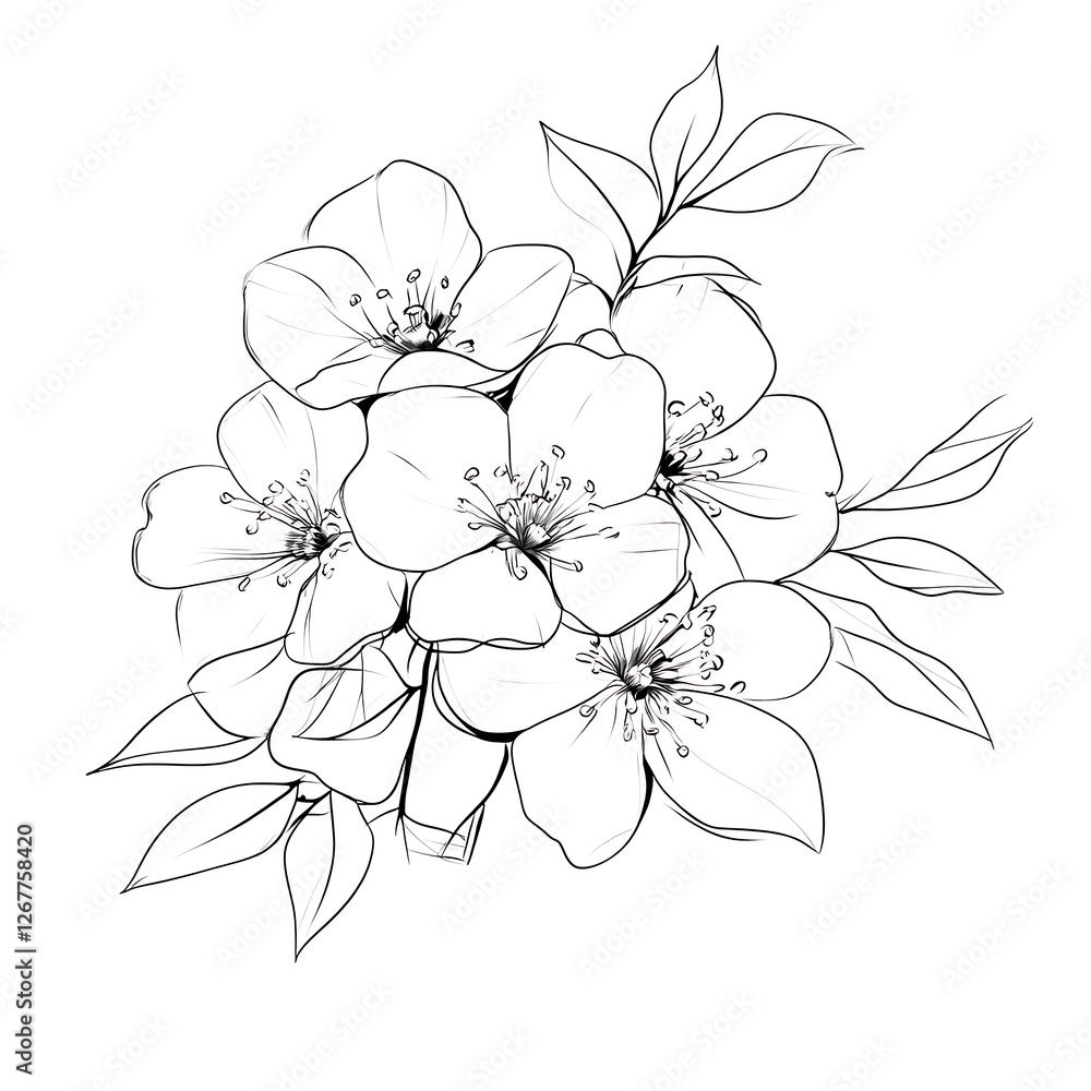 Fototapeta premium Elegant Flower Cluster Line Art Floral Arrangement for Coloring Books Botanical Illustration Design