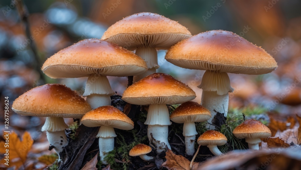 Mushroom cluster with orange caps in forest environment surrounded by fallen leaves and natural background Copy Space