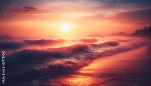 Sunset at the beach with warm orange and yellow tones reflecting on gentle waves.  Mountains are visible in the background.