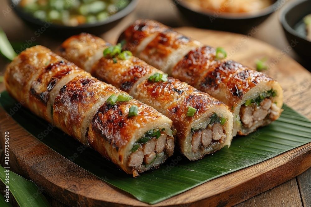 Grilled vietnamese meatball rolls with aromatic herbs and dipping sauce Grilled vietnamese meatball rolls with aromatic herbs and dipping sauce