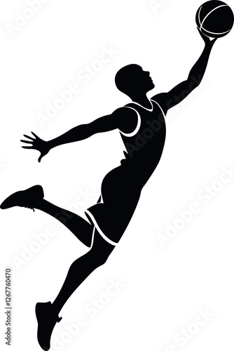Minimalistic black silhouette of a basketball player in action, dribbling or dunking, dynamic sports motion, athlete in movement, professional game pose, vector illustration for sports design and artw