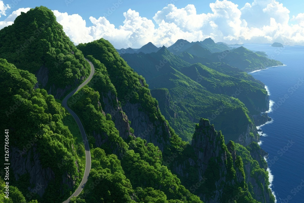 Fototapeta premium Curvy road up the mountain near the ocean with blue sky and white clouds view