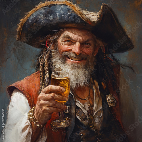 A charismatic pirate with long, dreadlocked hair and a weathered beard stands inside a rustic tavern. He wears a traditional pirate outfit, complete with an elaborate tricorn hat. photo