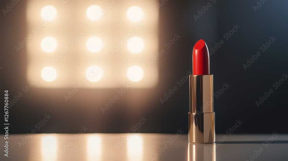 Bold Red Lipstick Next to Shiny Mirror with Soft Lighting Effect for Make-Up or Beauty Product Photography Bold Red Lipstick Next to Shiny Mirror with Soft Lighting Effect for Make-Up or Beauty Product Photography