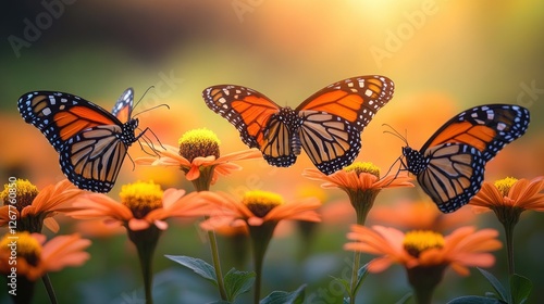 Monarch butterflies on orange flowers at sunset photo