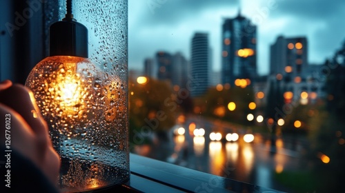 Rainy city night view, warm lamp, cafe window photo