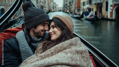 A romantic couple wrapped in a cozy blanket, enjoying a gondola ride through the canals on a cold day. Intimate moment on the water with historic architecture. 