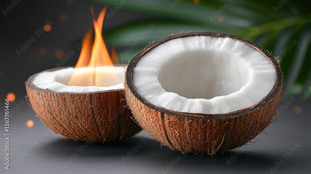 Fiery coconut halves on dark surface with tropical background Fiery coconut halves on dark surface with tropical background