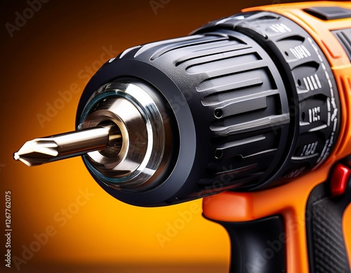 Electric drill with a shiny metal bit highlights precision tools in a workshop setting photo