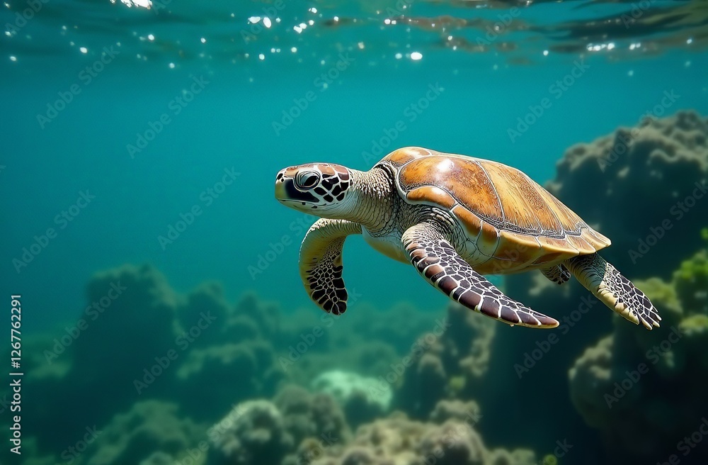Fototapeta premium An underwater turtle of the atlantic ridley genus swims in the light turquoise waters of the atlantic ocean on a bright sunny day. Horizontal concept of the atlantic ocean flora