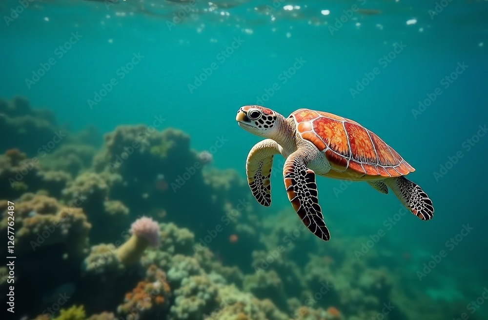 Fototapeta premium An underwater turtle of the atlantic ridley genus swims in the light turquoise waters of the atlantic ocean on a bright sunny day. Horizontal concept of the atlantic ocean flora