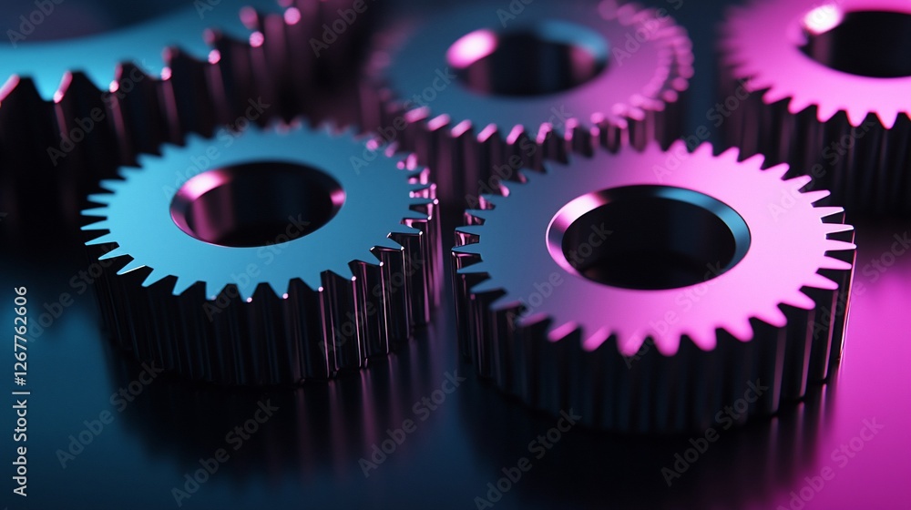 Interlocking metallic gears illuminated with vibrant pink and blue light.