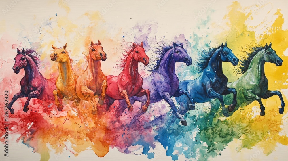 Naklejka premium running horses watercolor banner illustration