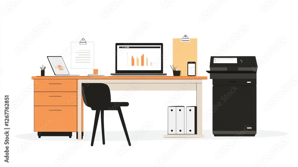 Modern office desk with laptop, computer, and printer. Ideal for presentations or work scenes Modern office desk with laptop, computer, and printer. Ideal for presentations or work scenes