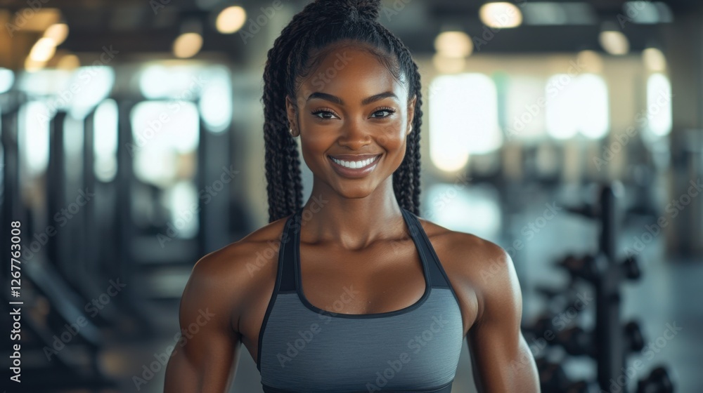A smiling woman in a vibrant workout outfit stands confidently in a brightly lit gym, surrounded by modern fitness equipment A smiling woman in a vibrant workout outfit stands confidently in a brightly lit gym, surrounded by modern fitness equipment