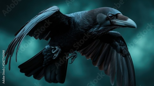 Dark Raven in Flight Against Teal Background photo