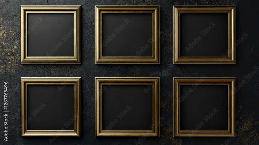 Elegant Gold Frames on Dark Background - Six empty gold picture frames arranged on a dark textured background, perfect for showcasing artwork or displaying memories Elegant Gold Frames on Dark Background - Six empty gold picture frames arranged on a dark textured background, perfect for showcasing artwork or displaying memories
