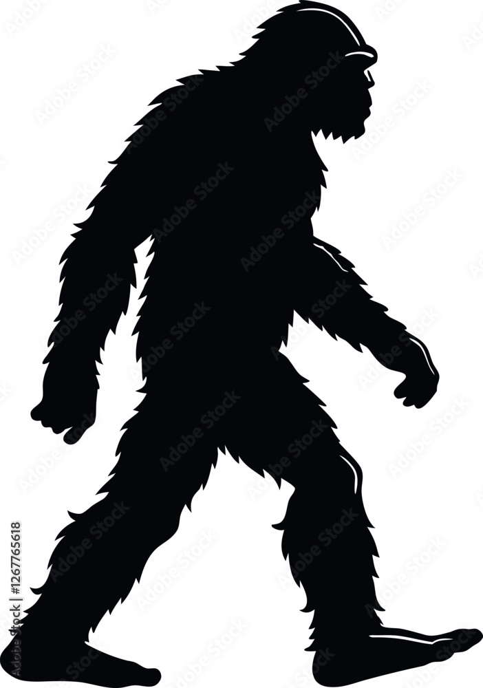Fototapeta premium Minimalistic black silhouette of a Bigfoot standing in a mysterious pose, legendary Sasquatch creature vector illustration, cryptid icon, mythical forest monster, wildlife mystery, graphic design art