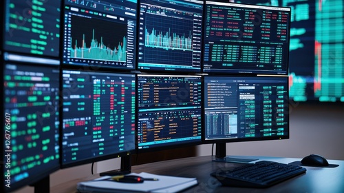Wallpaper Mural A multi-monitor trading setup displaying various commercial image market data, graphs, and analytics for professional trading. Torontodigital.ca
