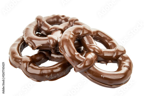 Gourmet chocolate-covered pretzel with a smooth milk chocolate layer and sea salt sprinkle isolated on transparent background