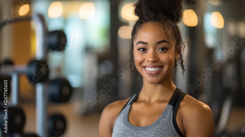 Free Download A smiling woman in a vibrant workout outfit stands confidently in a brightly lit gym, surrounded by modern fitness equipment - GFXLoad