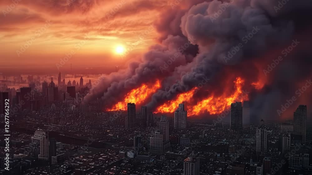 Futuristic Sunset Landscape with Fiery Clouds and Fire Futuristic Sunset Landscape with Fiery Clouds and Fire