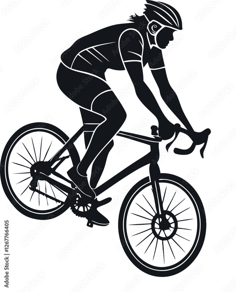 Obraz premium Minimalistic black silhouette of a cyclist riding a bicycle, showcasing motion, speed, and balance in a simple vector illustration, ideal for sports, fitness, transportation, outdoor activities, and a