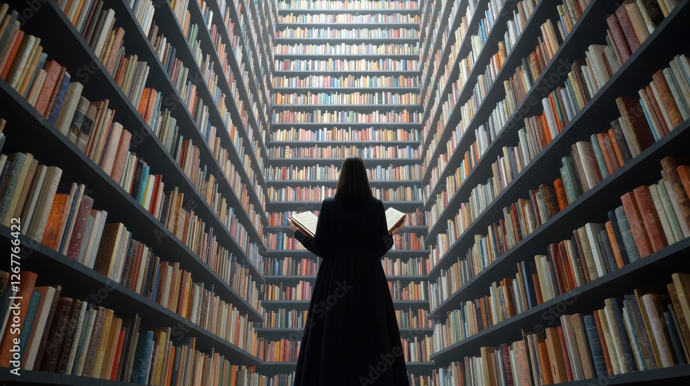 Fototapeta premium Dedicated Librarian Organizing Old Books in a Vast Library Space Surrounded by Shelves of Colorful Volumes