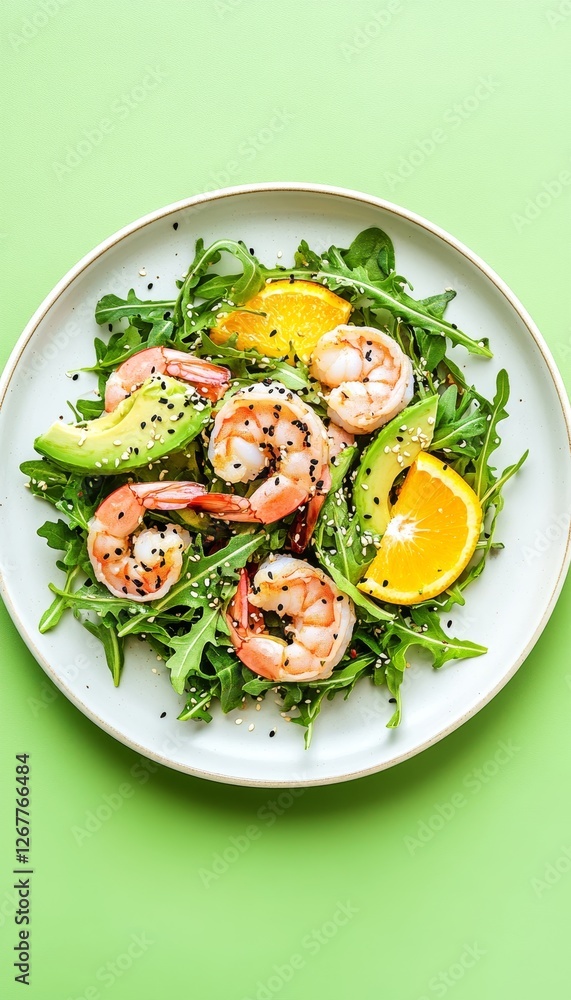 Vibrant shrimp salad with avocado, orange, arugula, and sesame seeds on a green table surface Vibrant shrimp salad with avocado, orange, arugula, and sesame seeds on a green table surface